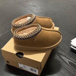 UGG Tan Suede Slip-Ons with Patterned Trim